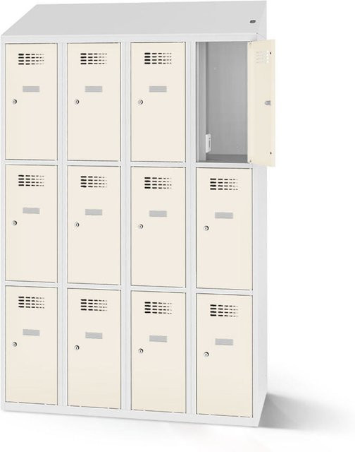 rotstahl Fächerschrank mit Ladefunktion in Weiß und lichtgrauem Korpus, 12 Fächer (4x3), B: 120 cm, H: 200 cm - Bild 1