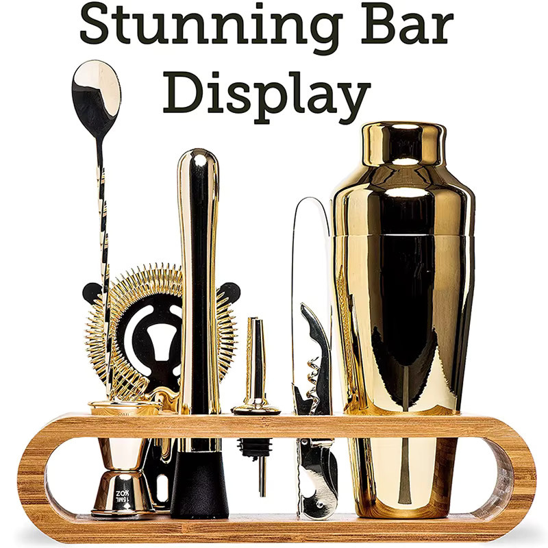 Cocktail Bar Set Mixology Bartender Kit von cocktailgeek, 10-teiliges Bar Werkzeug Set mit stilvollem Bambusständer in Gold, Silber oder Braun - Bild 3