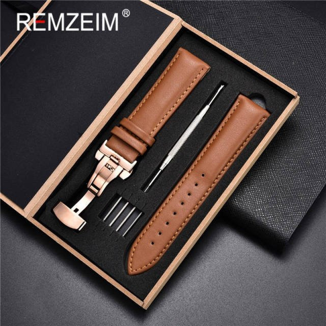 Uhrenarmband Echtleder, Kalbsleder, Schwarz, Braun, Schmetterlingsschließe, Herren - Bild 1