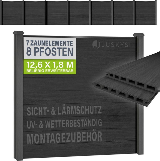 JUSKYS WPC Sichtschutzzaun 7er Set mit 7 Elementen und 8 Pfosten in Anthrazit/Grau - Bild 1