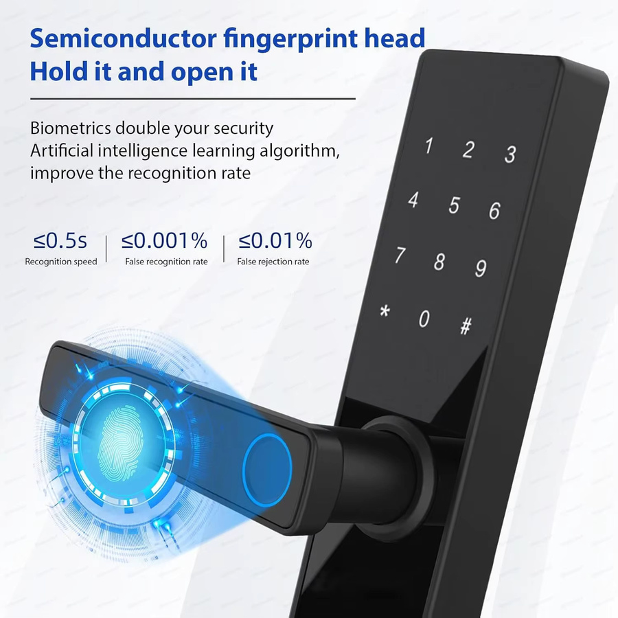 5-in-1 Elektronisches Smart Lock in Schwarz mit Fingerabdruck, biometrischem Wi-Fi und Tuya-App-Fernbedienung für Türschlössse mit einer Dicke von 35–60 mm - Bild 4