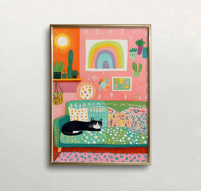 Boho Wandkunst von SHENCHEN mit schwarzer Katze auf gemustertem Sofa in bunten Farben - Bild 1