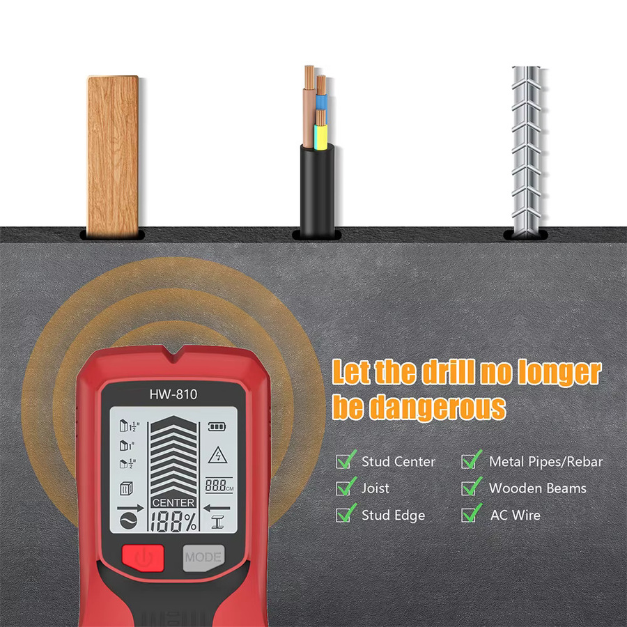 JUANJUAN 6-in-1 Wandscanner mit LCD-Display, elektrischer Stud Finder und hochpräziser Metalldetektor für AC-Leitungen, Kabel und Holz in Gelb und Rot - Bild 2