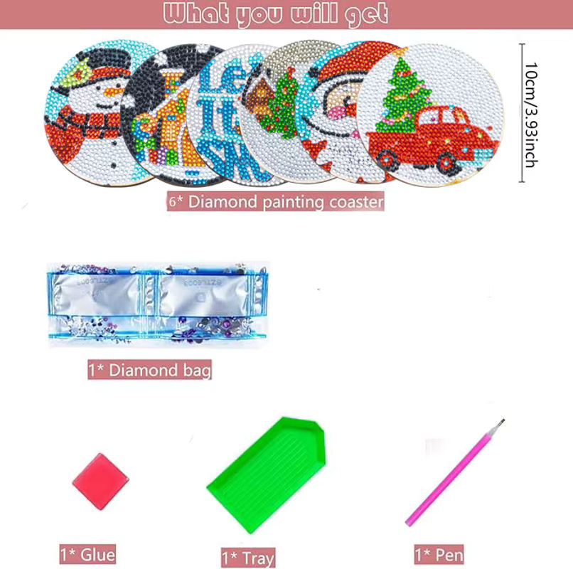 6er Set DIY Diamant-Malerei Kunstset mit Weihnachtsmustern als Untersetzer in Multicolor - Bild 2