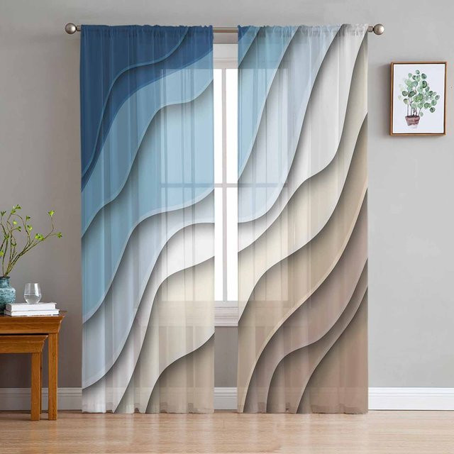 A Family Of Home Textiles Transparente Voile Fenster Vorhänge mit Blau Braun Gradienten Geometrischem Design, 2er Set, Breite: 135 cm, Höhe: 183 cm - Bild 1