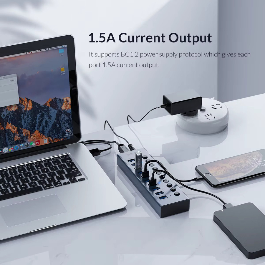ORICO USB 3.0 Hub Aluminium USB Splitter mit 10 Ports und Ein/Aus Schalter in Grau inklusive 12V Netzteil zur Unterstützung des Aufladens für deinen Computer - Bild 3