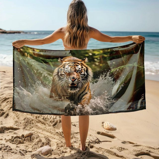 Schnelltrocknendes und super saugfähiges Sport Handtuch mit Tiger-Print für Fitness, Yoga und Strand, B: 30 cm, H: 60 cm - Bild 1