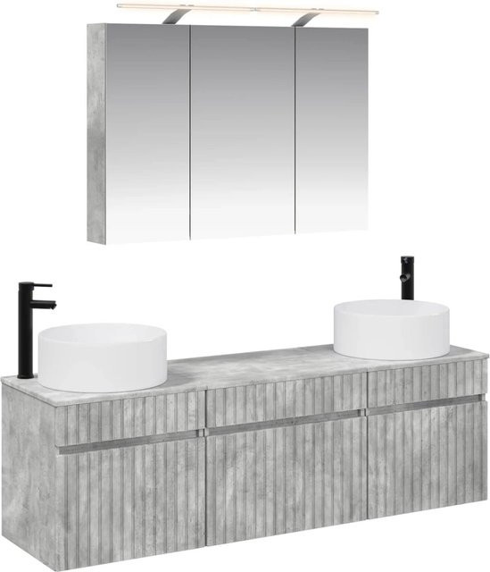vidaXL Badezimmerschrank-Set 4-teilig in Betongrau, modern mit LED-Beleuchtung und Spiegelschrank, B/H/T: 100 x 70 x 14,5 cm - Bild 1