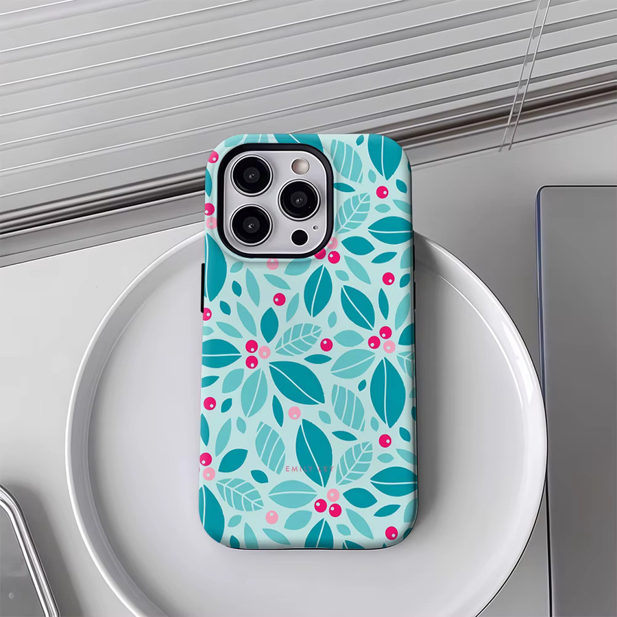 Handyhülle mit blaugrünen Blättern und Beeren für Apple iPhone 11 bis iPhone 17 Pro Max Plus in Doppelschicht-Bauweise - Bild 3