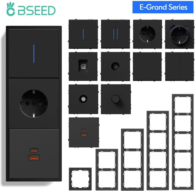BSEED Kombinationsmodul für Wandlichtschalter, USB Typ-C Steckdose und Internet-TV-Telefonanschluss, Schwarz, Kunststoffrahmen - Bild 1