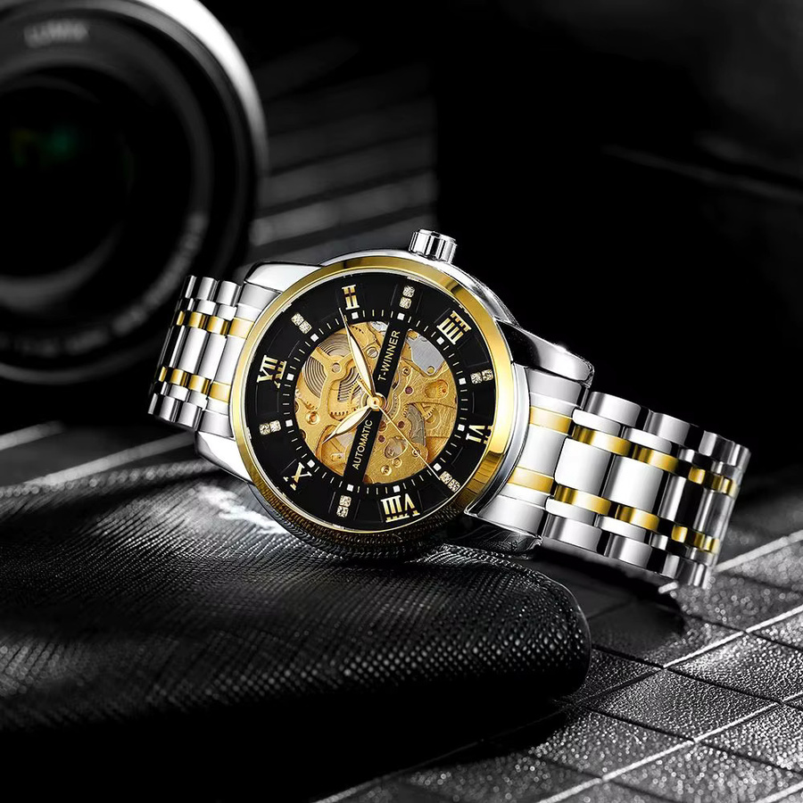 WINNER Armbanduhr Automatik, Edelstahl, Gold, Diamantbesetzt, Herren - Bild 3