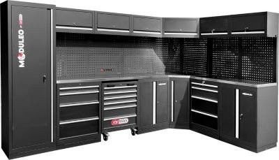 KS Tools Werkstatteinrichtung aus Edelstahl und Metall in Schwarz mit Wagen und Schränken, B/H: 340 x 212 cm - Bild 1