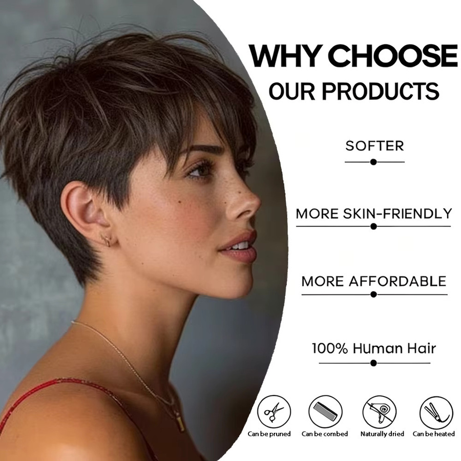 OYM HAIR Pixie-Cut-Perücke, dunkelbraun, kurzes Remy-Echthaar, 180 % Dichte - Bild 4