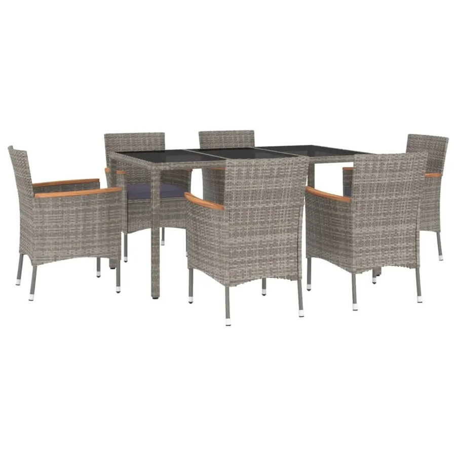 vidaXL 7-teilige Garten-Essgruppe aus Poly Rattan und Akazienholz in Grau mit Kissen und Hartglasplatte - Bild 2