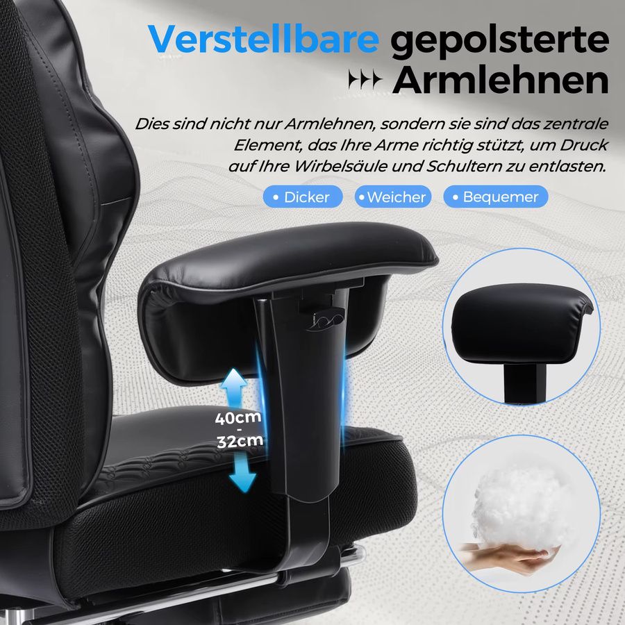 GTPLAYER Gaming Stuhl in Schwarz aus Kunstleder mit Kopfstütze, ergonomischer PC-Schreibtischstuhl mit Armlehnen und Drehfunktion - Bild 3