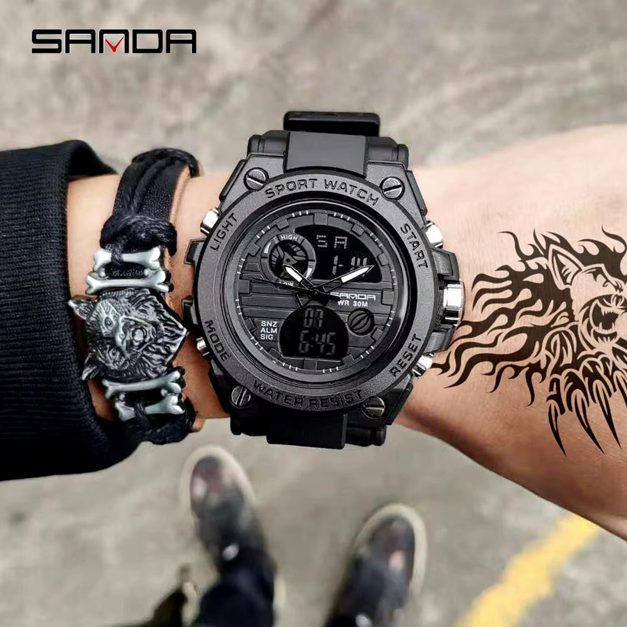 Sanda Armbanduhr, Analog-Digital, Schwarz, Kunststoff, Edelstahl, Herren - Bild 3
