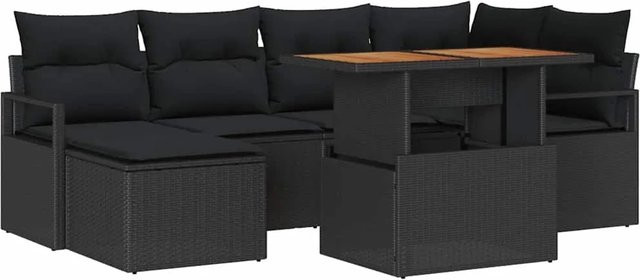 7-tlg. vidaXL Garten-Sofa-Set aus Poly-Rattan in Schwarz mit L-Form, Sitzauflagen und integriertem Stauraum - Bild 1