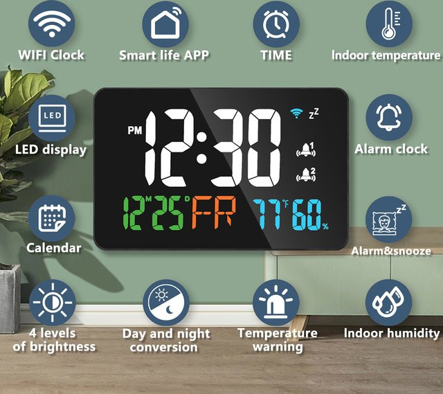 Tuya Smart WiFi Desktop Uhr mit LED Display, Kalender, Thermometer und Hygrometer in Schwarz - Bild 1