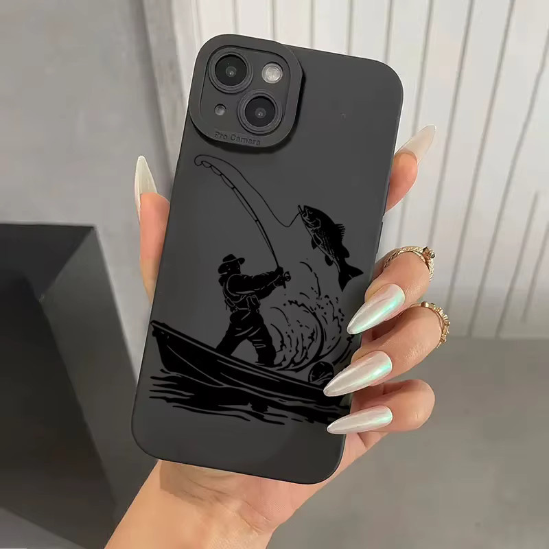 Silikon Handyhülle mit Line Fishing Man Muster für iPhone 11 bis 17 Pro Max in Schwarz - Bild 2