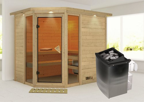 Karibu Sauna Kohila 3 aus Fichte mit 9 kW Saunaofen und integrierter Steuerung für 4 Personen, beige, B/T/H: 264 x 198 x 212 cm - Bild 1