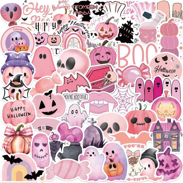 50-teiliges Set wasserfeste Halloween Graffiti Aufkleber in Rosa von Anime Worlds Store für Handyhüllen aus PVC - Bild 1