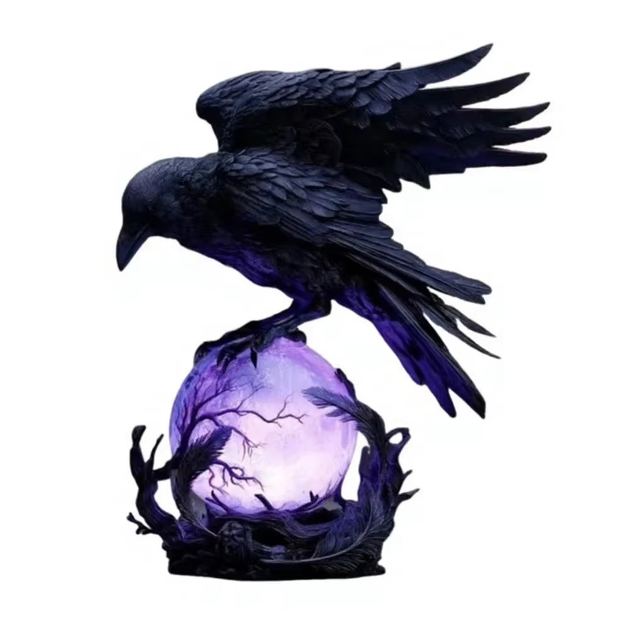 Gotische Raben-LED-Lampe als handgefertigte Skulptur mit lila leuchtender Glaskugel in Schwarz und Lila - Bild 3