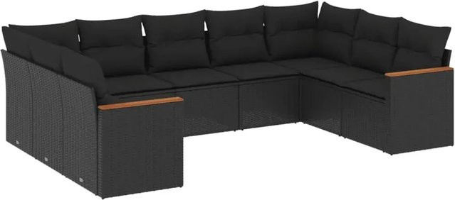vidaXL 9-tlg. Garten-Sitzgruppe aus Polyrattan in L-Form mit Kissen, Schwarz - Bild 1