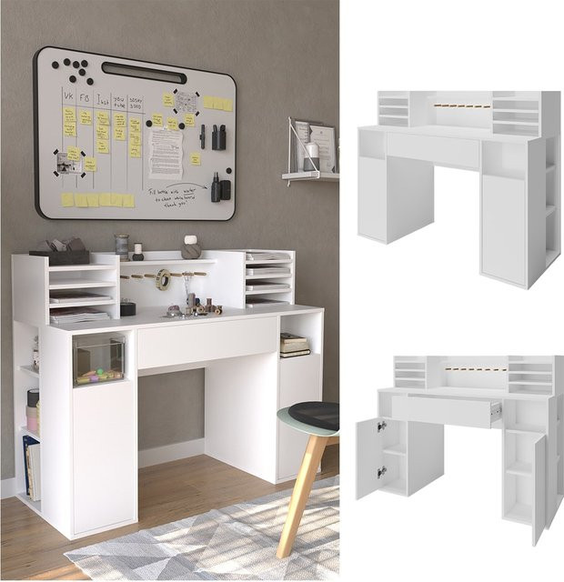 Vicco Schreibtisch und Basteltisch XL in Weiß mit Regalen und Schubfach, B/T: 126,8 x 100 cm - Bild 1