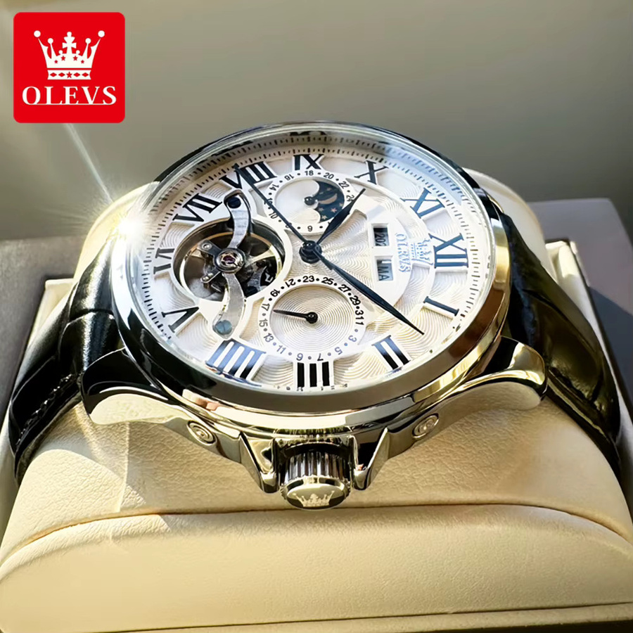OLEVS Armbanduhr, Automatik, Edelstahl, Leder, Mondphase, Herren - Bild 2