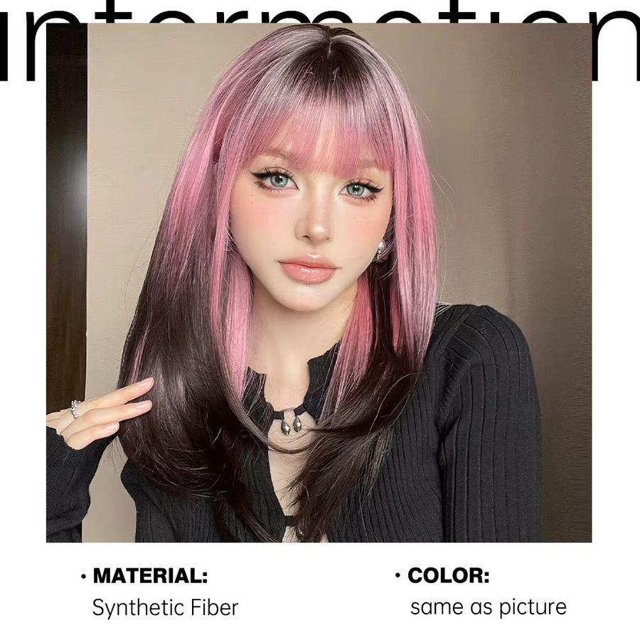 EASIHAIR Perücke, lange geschichtete Synthetik-Perücke mit Pony, Ombre Schwarz bis Rosa Lila, Damen - Bild 5