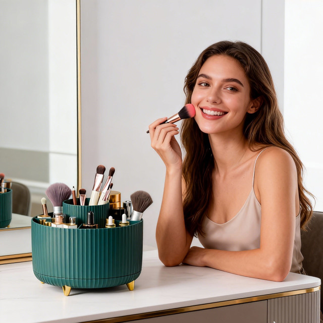 RUNTOIN Rotierender Make-up-Organizer mit 5 Fächern und Pinselhalter, Kosmetikvitrine und Schmuckbehälter aus Kunststoff in Pink oder Green - Bild 1
