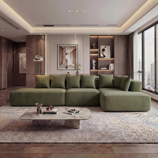 L-Sofa Loungesofa MCW-Q28 aus Chenille-Stoff in Grün, Liegefläche rechts, B: 310 cm, T: 60 cm, H: 150 cm - Bild 1