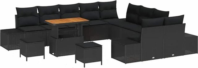 vidaXL Garten-Sofa-Set aus Poly Rattan in Schwarz mit Kissen, 13-teiliges U-Shape Lounge-Set - Bild 1