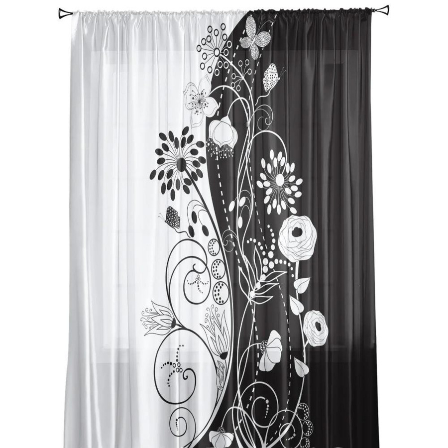 Yiran Furniture Transparentes Tüll-Fenstervorhang mit Blumenmuster in Schwarz-Weiß, Organza Voile Vorhang mit Ösen, B: 135 cm, H: 115 cm - Bild 1