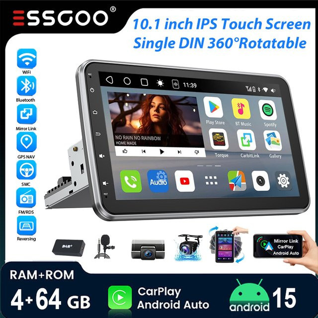 ESSGOO 10,1 Zoll Android 15 1-DIN Autoradio mit 360 Grad drehbarem Bildschirm, 4+64G Speicher, kabelloses CarPlay und Android Auto, GPS, Bluetooth, WLAN und Mikrofon in Schwarz - Bild 1