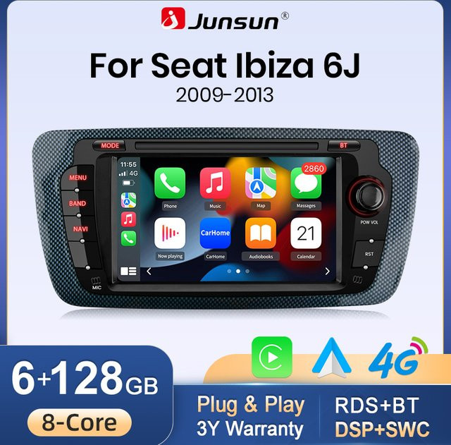 Junsun Android Autoradio mit Wireless CarPlay und Android Auto für Seat Ibiza 6J 2009-2012, 7 Zoll IPS-Touchscreen, GPS, WiFi, 4G, Bluetooth, Schwarz - Bild 1