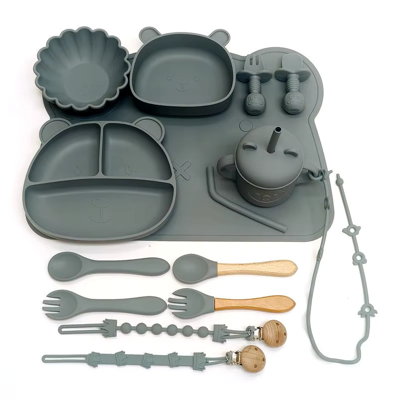 Bneseus Kinder-Silikon-Teller Set mit Bärenmotiv, unterteilter Beikostteller mit Saugnäpfen in Beige und Grau - Bild 1