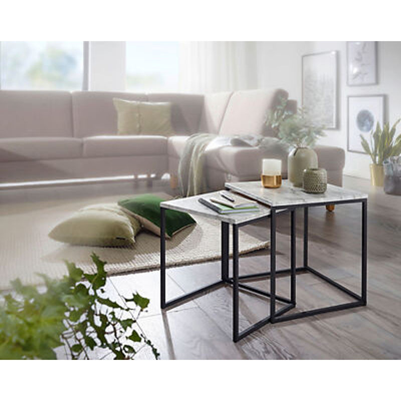 Wohnling Beistelltisch 2er-Set in weißer Marmor Optik mit schwarzem Stahlgestell - Bild 3