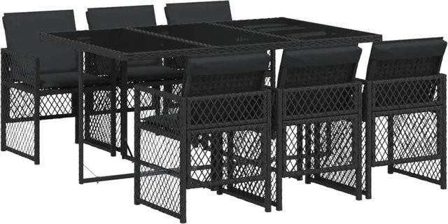 vidaXL 7-tlg Garten-Essgruppe aus Poly-Rattan mit Kissen und Hartglas, Schwarz - Bild 1