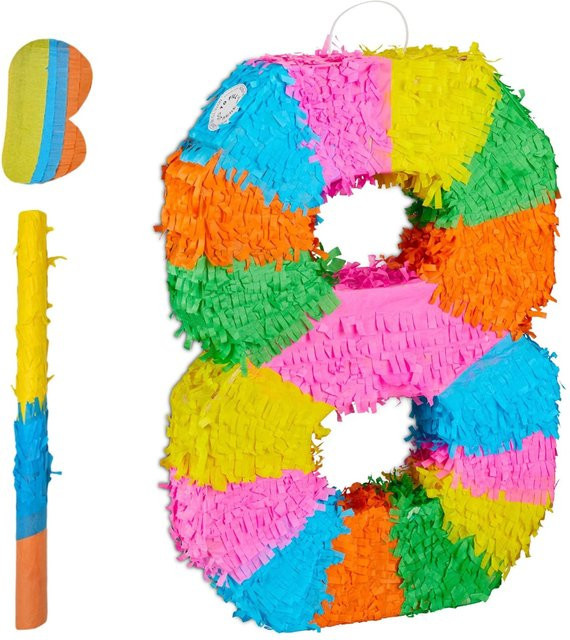 Relaxdays Pinata Zahl 8 Bunt mit Stab und Maske, B/H/T: 50,5 x 35,5 x 7,5 cm - Bild 1