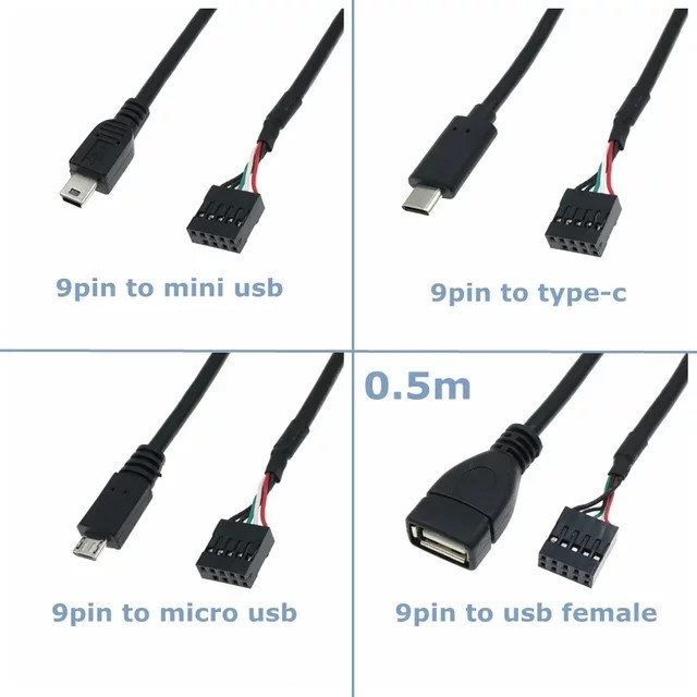 AXONUS Verbindungskabel Schwarz: Micro/Mini-USB und USB-C auf 2,54 mm DuPont 9-polige Buchse für Computer-Motherboards, Länge: 0,5 m - Bild 1