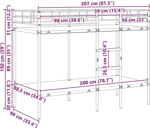Yiwydaa Etagenbett aus Metall in Schwarz ohne Matratze B/T/H: 90 x 200 cm - Bild 1