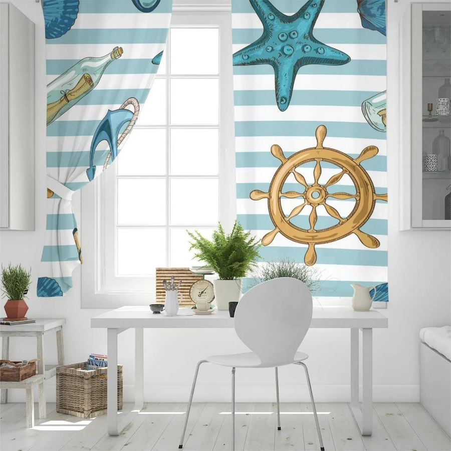 Yiran Furniture Vorhänge Anker Seestern Streifen, 2er-Set, semi-transparent, Polyester, B: 50 cm, H: 160 cm - Bild 1