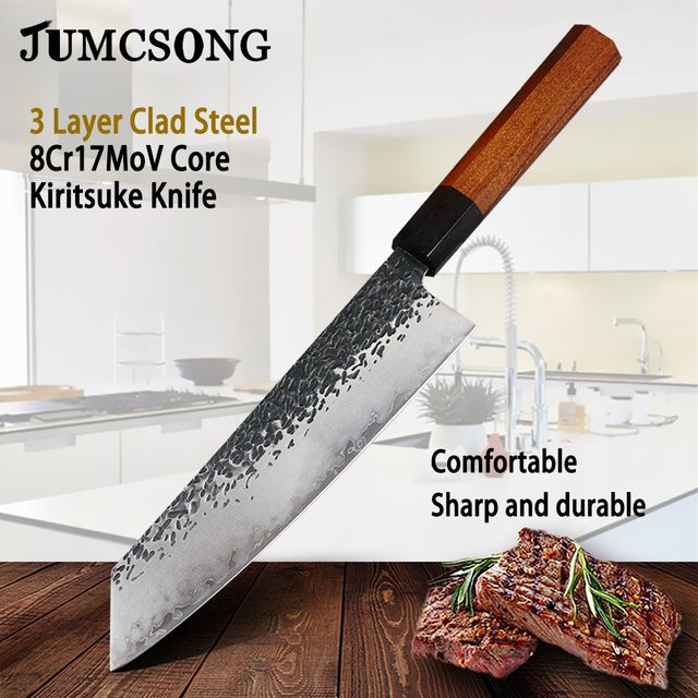 Jumcsong Kiritsuke-Küchenmesser aus 3-lagigem Damaststahl mit Holzgriff, Silber, Klingenlänge: 20,32 cm - Bild 1