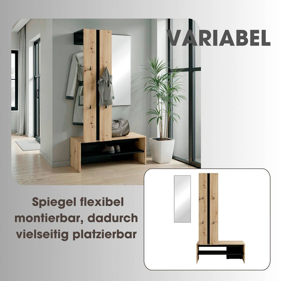Garderobenset NANTE byLIVING in Eiche Schwarz mit Sitzbank, modern und matt, B/H/T: 100 x 186 x 40 cm - Bild 2