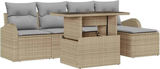 vidaXL Garten-Sofa-Set aus Poly Rattan in Beige und Grau, 6-teilig mit Kissen und Tisch - Bild 1