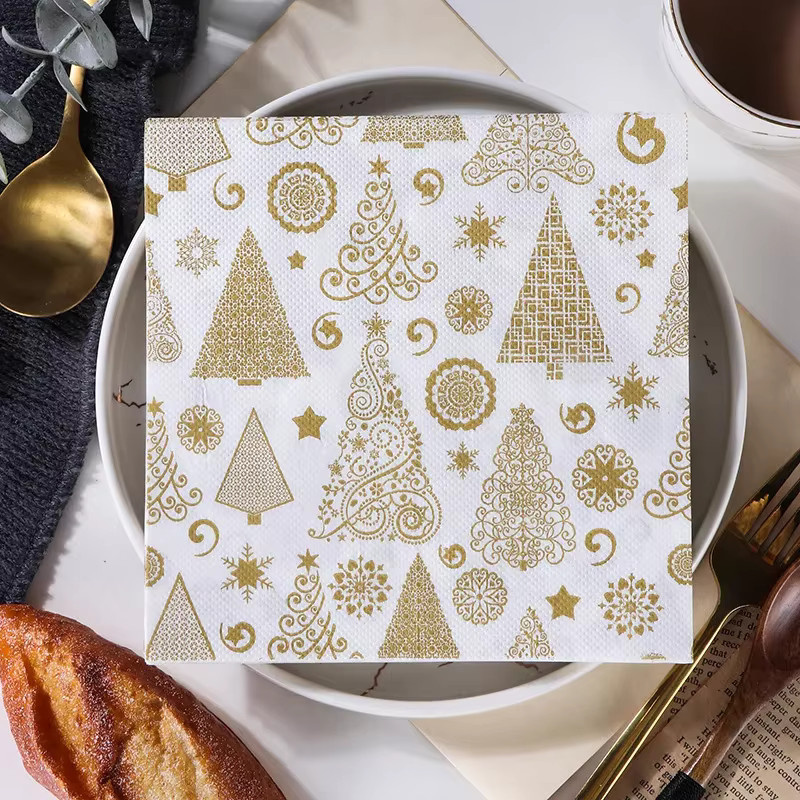 GUANYAO Weihnachtsbaum Servietten mit goldenem Muster, 20 Stück, Gold und Weiß - Bild 2