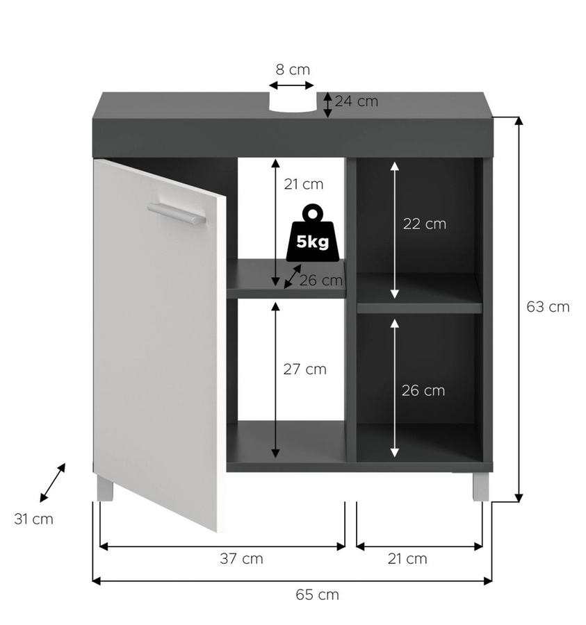 Waschbeckenunterschrank Adam modern in Grau und Weiß mit Regalfach und Türen, Breite: 65 cm - Bild 6