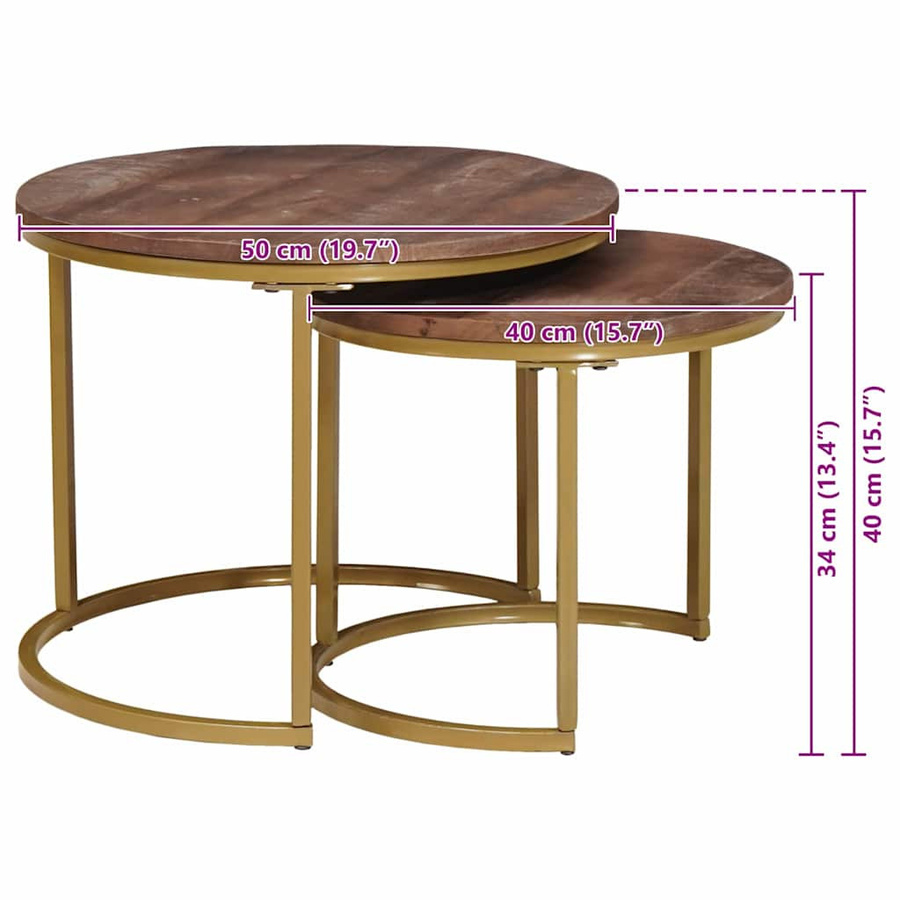 vidaXL Nesting-Couchtisch Set aus 2 Teilen aus Massivholz Mango und Stahl in Braun, rund - Bild 4