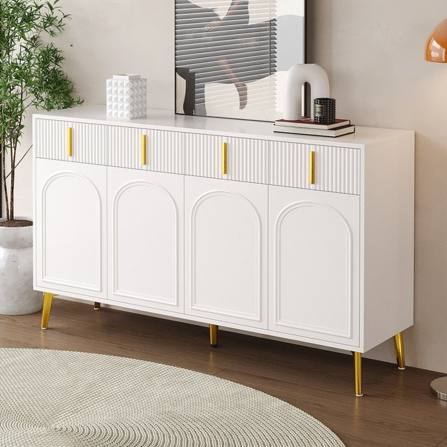 PINGGO Beistellschrank in Weiß mit goldenen Griffen und Beinen, modern mit 4 Türen und 4 Schubladen für Wohn- und Esszimmer - Bild 1